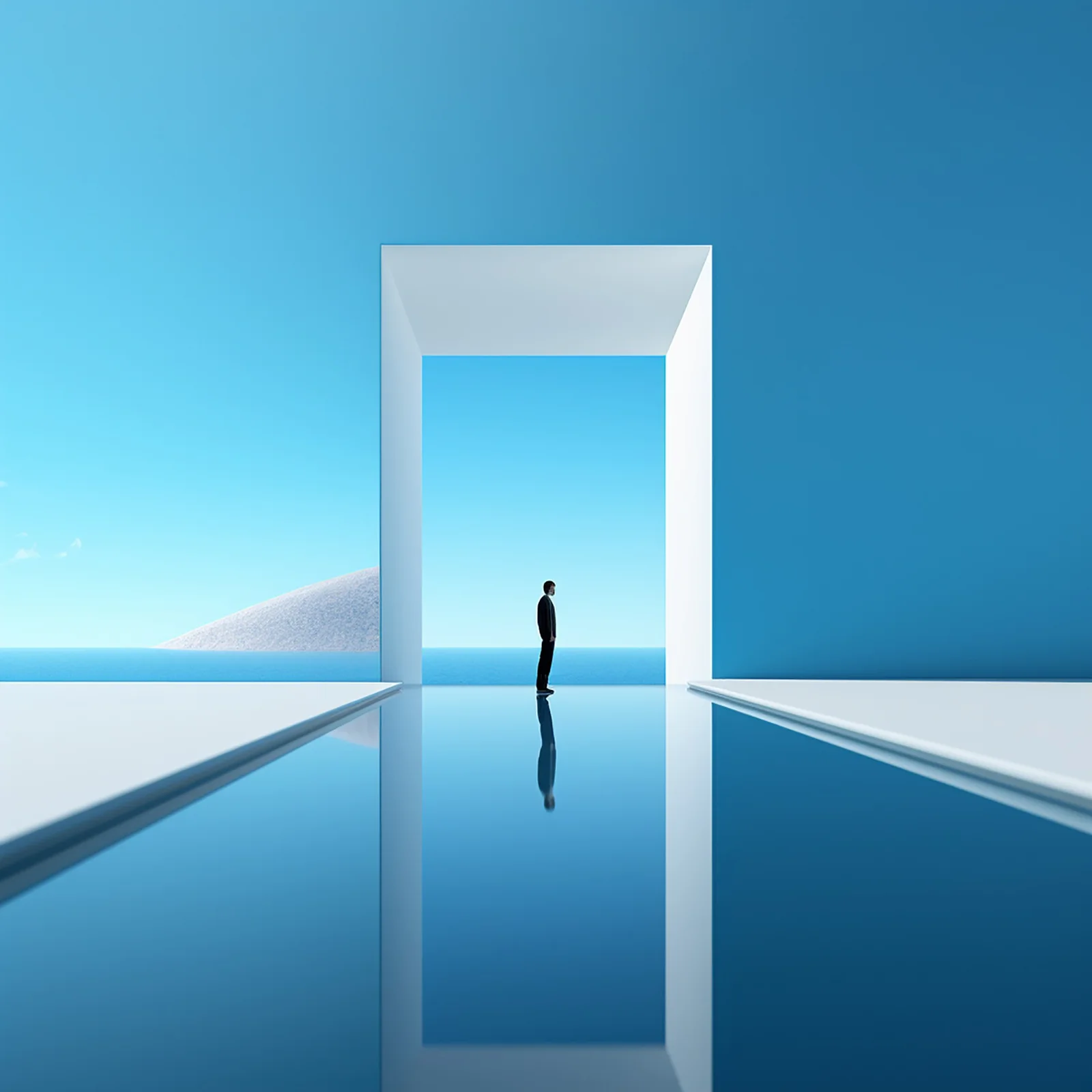Persona de pie frente a un portal blanco abierto al mar, con cielo azul